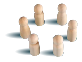 Six wooden finger-like pegs arranged in a circle on blue bases.